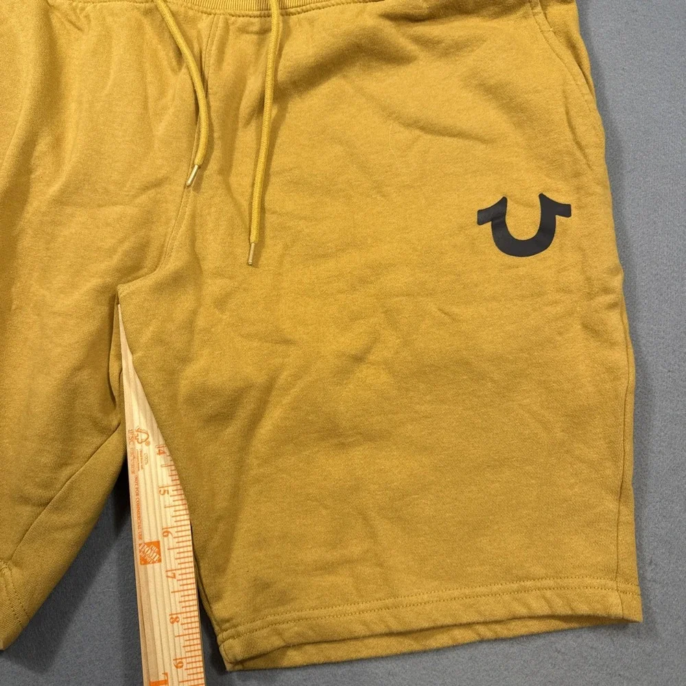 True Religion Men XXL Sweat Shorts Mustard Yellow Black Horseshoe Logo
